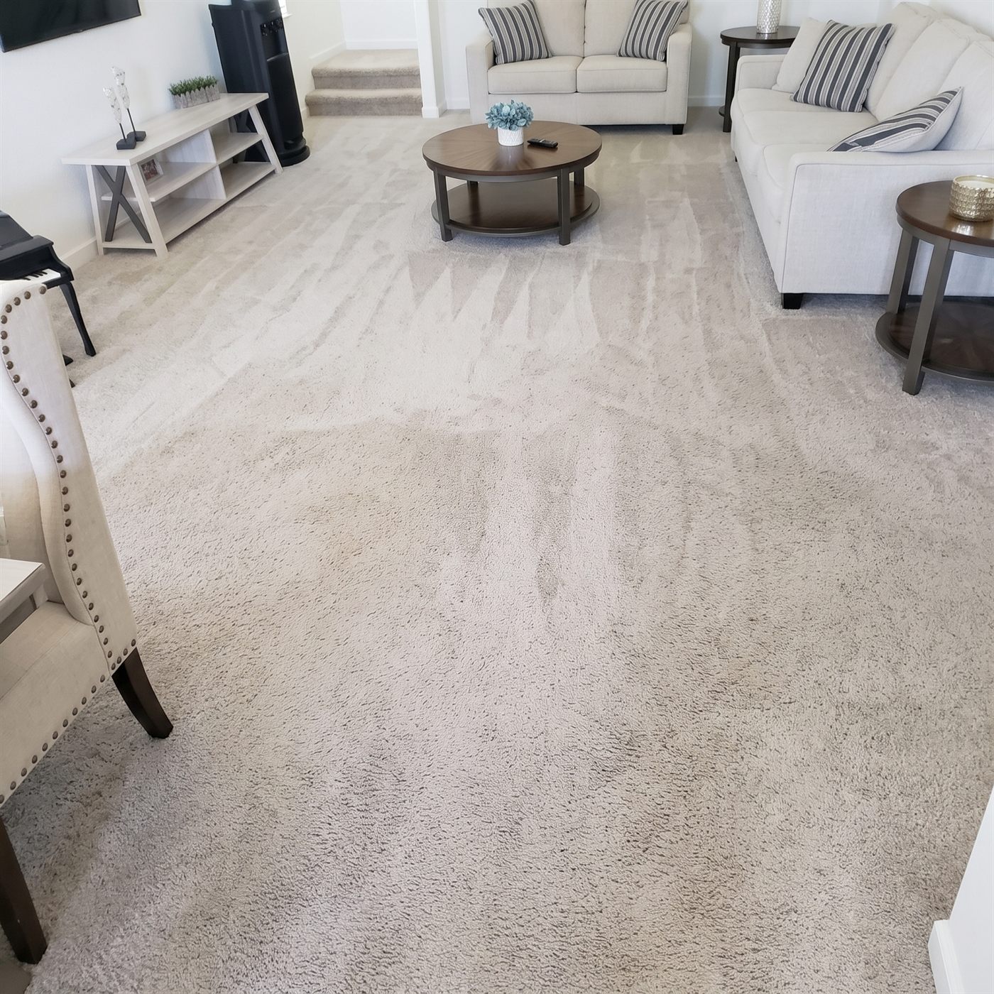 Living room carpet before cleaning with stains and debris